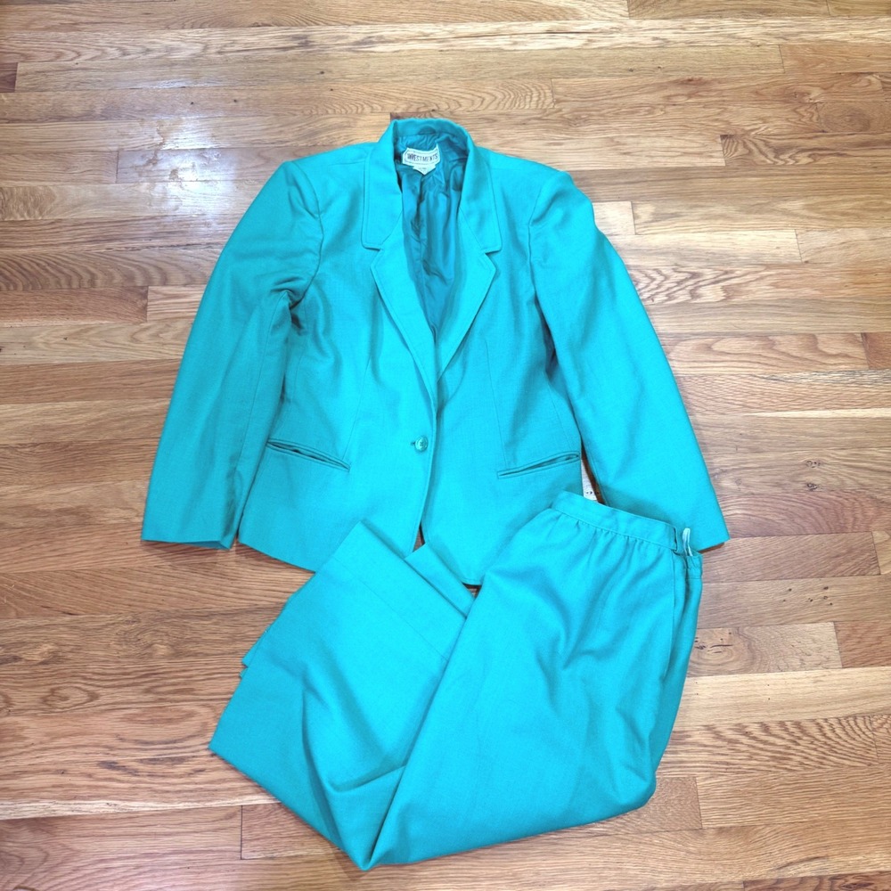 Vintage Investments Sanyo Teal Green Skirt Suit Set Blazer Size 18 Skirt 16